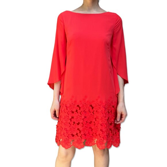 Elegant Tahari Arthur S. Levine Red Floral Appliqué Shift Dress Size 6 - Picture 1 of 6